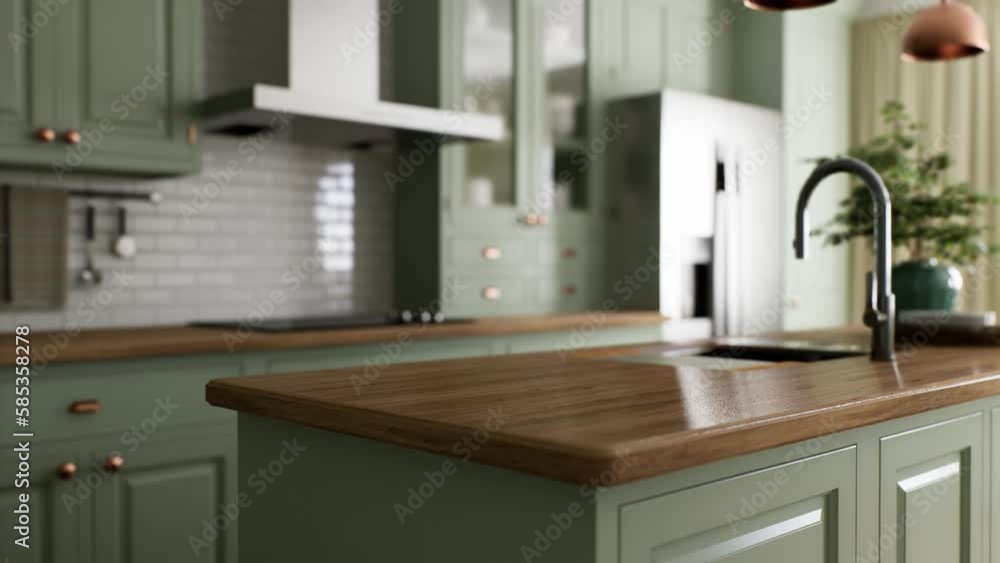 Green kitchen interior with island. Stylish kitchen with wooden worktop ...