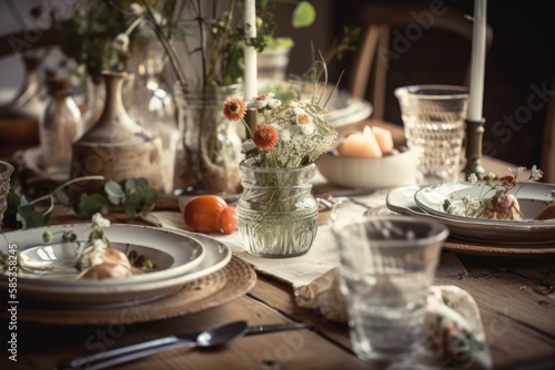 Country wedding table. flower decorated old dining table. Boho. Party  wedding  or event table. Generative AI