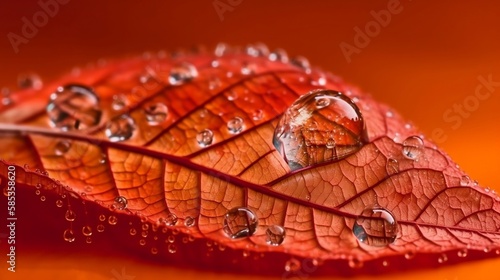 Red leaf with water drops.