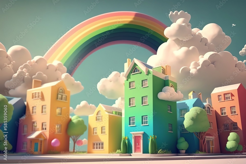 3D cute mini city, mini world, miniature city, kid style, colorful, houses, hotels, streets, clouds, hill, happy color, raindow
