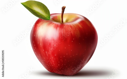 Red apple with leaf on white background. Generative AI technology.
