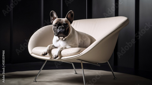 A charming and stylish photograph captures a French Bulldog lounging contentedly on a sleek modern chair, bathed in the soft glow of daylight. 