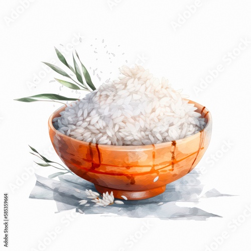 Bowl with rice in watercolor style on white background. Generative AI.