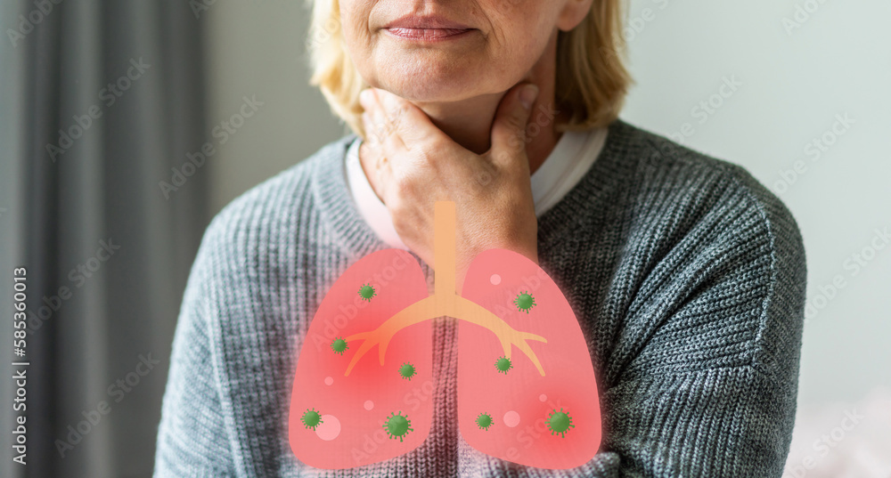 Sick senior women touching neck unwell coughing with sore throat pain