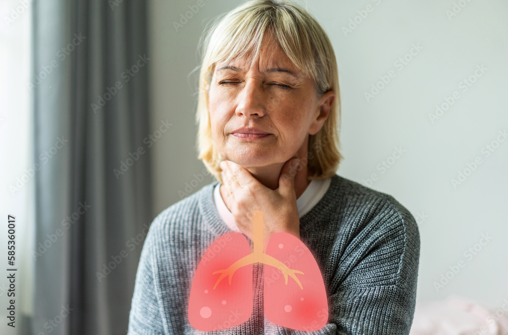 Sick senior women touching neck unwell coughing with sore throat pain