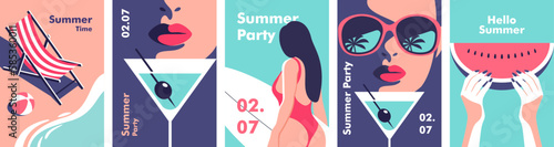 Summer time. Concept of summer party and travel. Perfect background on the theme of season vacation, weekend, beach. Vector illustration in minimalistic style for posters, cover art, flyer, banner.
