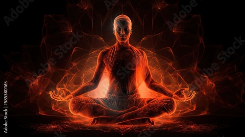 Human meditate in lotus pose with red energy flow through his body. Transcendental yoga or prayer. Generative AI