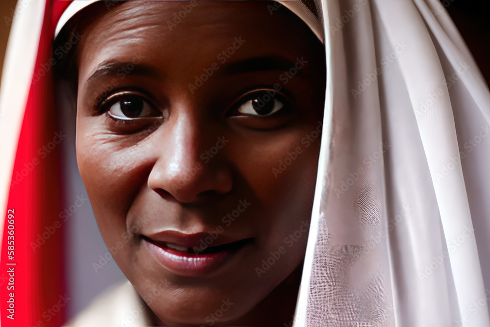 Portrait of a beautiful africam woman in a national colorful veil. Generative AI Portrait of a beautiful africam woman in a national colorful veil. Generative AI