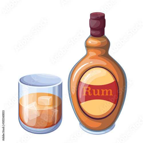 Rum in bottle and glass with ice cubes, alcohol drink for summer cocktail vector illustration. Cartoon orange bottle with label from bar, isolated highball glass cup of strong alcoholic liquid