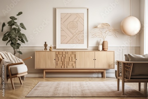 Modern beige living room with mock up structural painting, created sculpture, beige wooden sideboard, and boho inspired personal items. Template. Generative AI photo