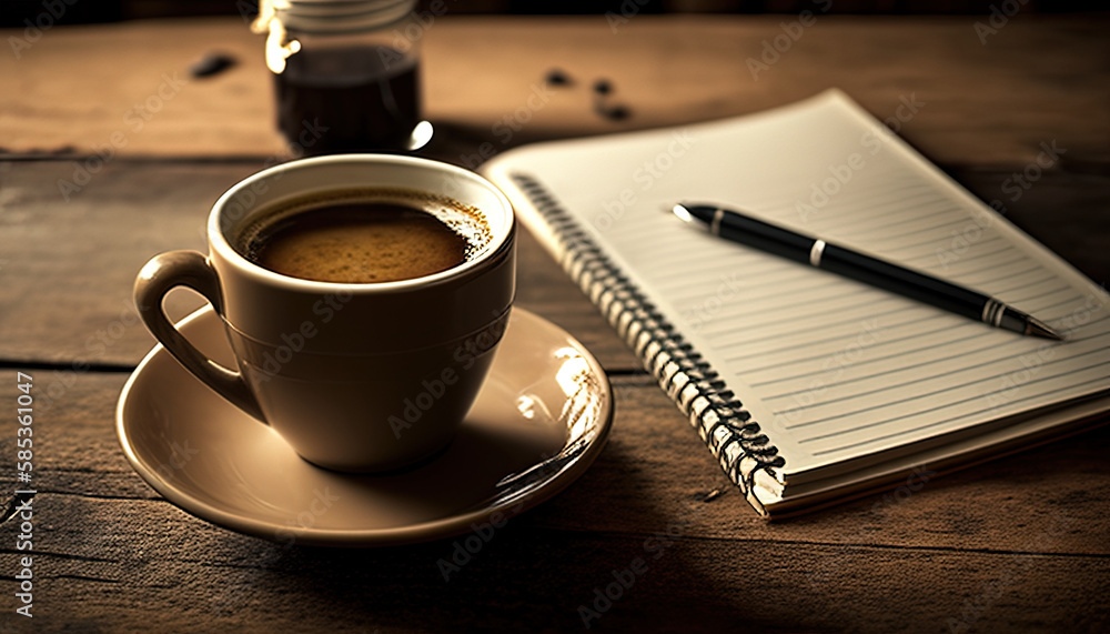cup of coffee and notebook on a desk cup of coffee and notebook on a desk