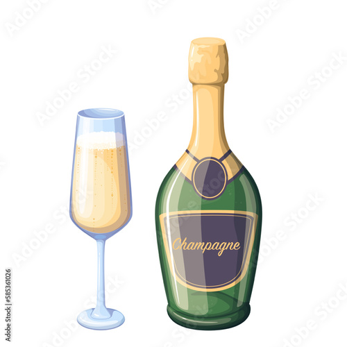 Bottle and glass with champagne, luxury alcohol drink with bubbles vector illustration. Cartoon closed bottle with cork and golden label, isolated sparkling alcoholic grape wine in clear wineglass