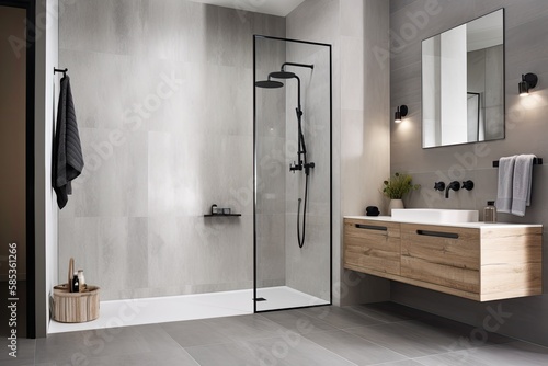 minimal design walk shower are simplicity, functionality, and clean lines with a focus on natural materials and subdued colors - Generated AI photo