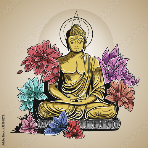 Golden Buddha Purnima Sit on Flower Vector Illustration (ID: 585361273)