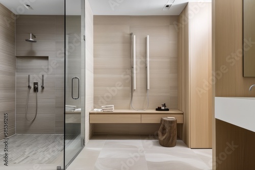 minimal design walk shower are simplicity  functionality  and clean lines with a focus on natural materials and subdued colors - Generated AI