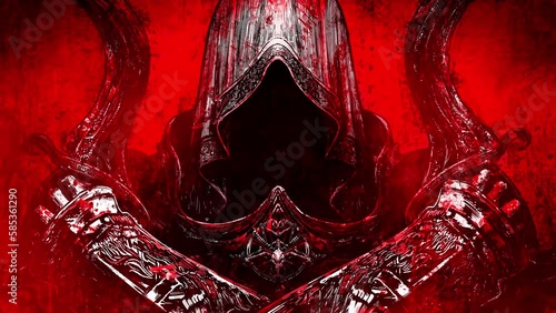 An angel of death in a hood with two sickles in his hands, he ominously crosses his arms in vintage plate armor, holding his bloody rusty weapon on his chest. clean looped 2d animation  