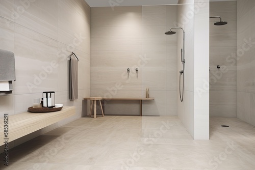 minimal design walk shower are simplicity, functionality, and clean lines with a focus on natural materials and subdued colors - Generated AI