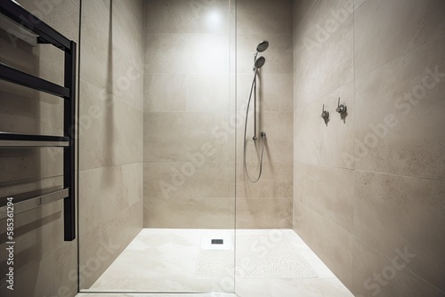 minimal design walk shower are simplicity, functionality, and clean lines with a focus on natural materials and subdued colors - Generated AI