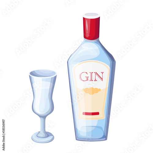 Gin in bottle and glass, distilled strong alcohol drink from bar menu vector illustration. Cartoon alcoholic ingredient for gin and tonic highball cocktail, isolated aperitif beverage for party