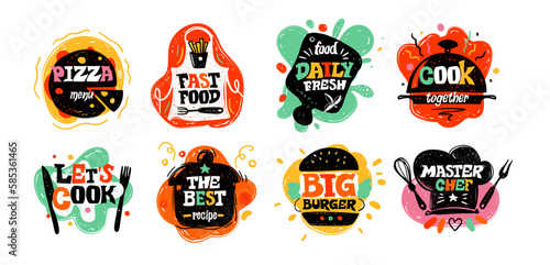 Funny lunch gastronomy hand lettering. Cooking label, stamp or sticker, kitchen food symbols, cook logo, burger and pizza meal, logotype template. Vector exact typography illustration set
