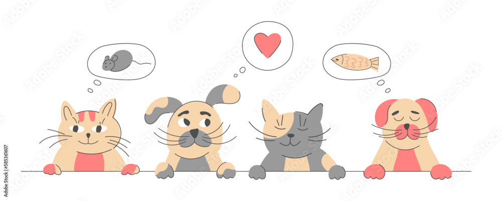 Nice funny doodle cats and dogs. Cute friend sketch, happy symbols, puppy and kitty, animal characters portrait. Vet shop or veterinary clinic concept. Vector garish cartoon illustration