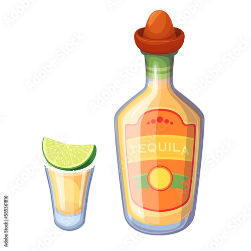 Tequila shot glass with lime and salt, bottle with sombrero cap vector illustration. Cartoon refreshing Mexican alcohol liquor drink from tropical agave, isolated beverage for summer tequila party