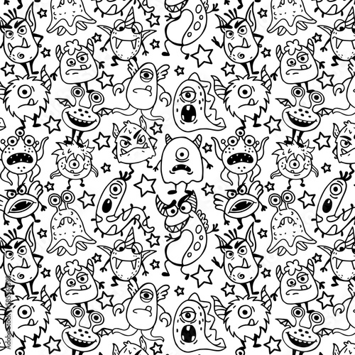 Doodle monster characters, cute pattern. Funny characters for animal book, alien hand drawn style. Decor textile, wrapping paper, wallpaper. Print for fabric. Vector tidy seamless background
