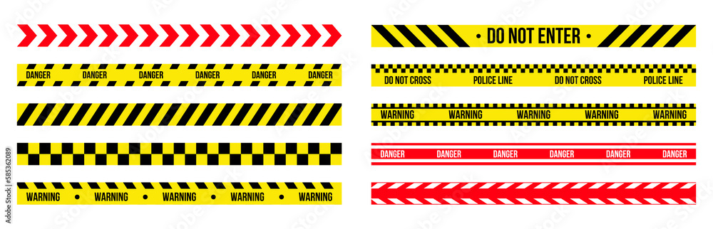 Yellow danger barriers. Warning red lines. Police adhesive tapes. Security caution ribbons. Attention barricades. Prohibited cordon borders. Vector current restricted zone boundaries set Yellow danger barriers. Warning red lines. Police adhesive tapes. Security caution ribbons. Attention barricades. Prohibited cordon borders. Vector current restricted zone boundaries set