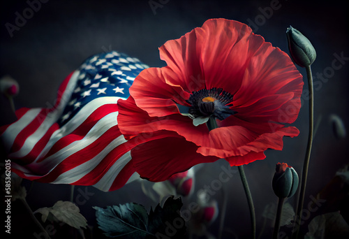 Remembering Pearl Harbor: National Remembrance Day Poster Featuring Patriotic United States Flag and Red Poppies. Generative AI. photo