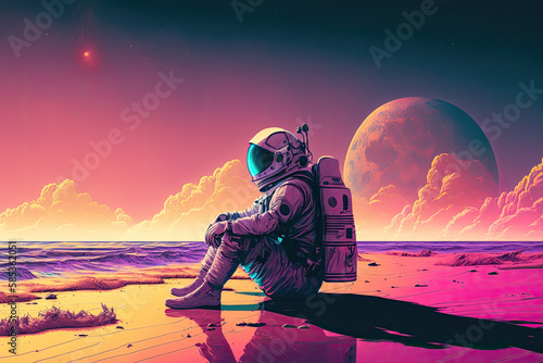 Astronaut sitting on the beach with a view of the planet, digital art style, illustration painting. Retro 80s style synthwave, created with Generative AI