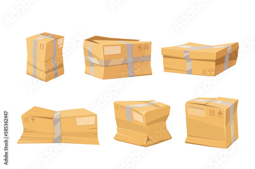 Broken cardboard damaged boxes set vector illustration. Cartoon isolated damaged packages with different damages of bad delivery and fail of storage, crushed, crumpled and smashed paper boxes