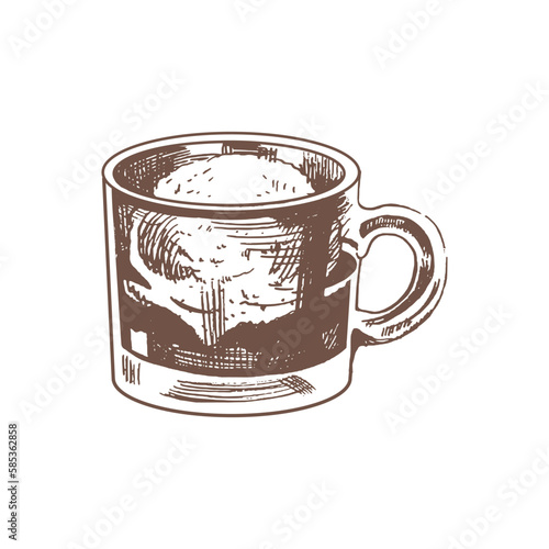 A hand-drawn sketch of  affogato coffee with ice cream on a glass cup. Vintage illustration, doodle. Element for the design of labels, packaging and postcards..