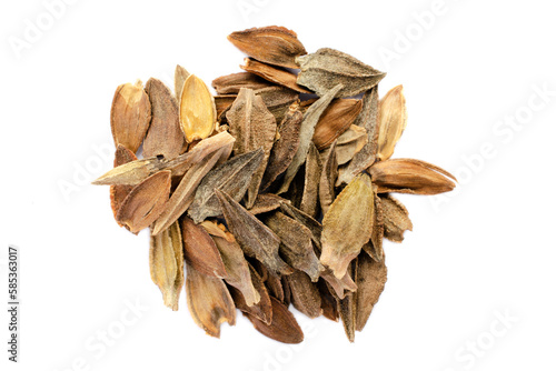 Billede på lærred Zinnia seeds, Zinnia elegans, isolated on white background, top view