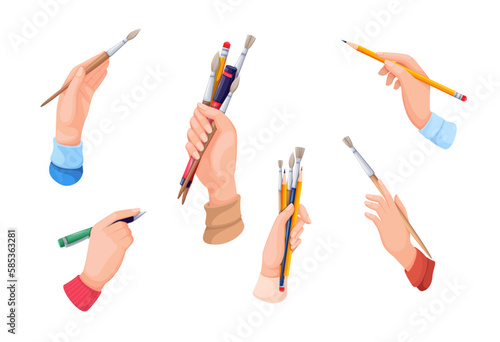 Hands hold artists tools set vector illustration. Cartoon isolated human hand holding brushes and pencils with eraser, pen and marker to draw art pictures and write creative notes, sign document