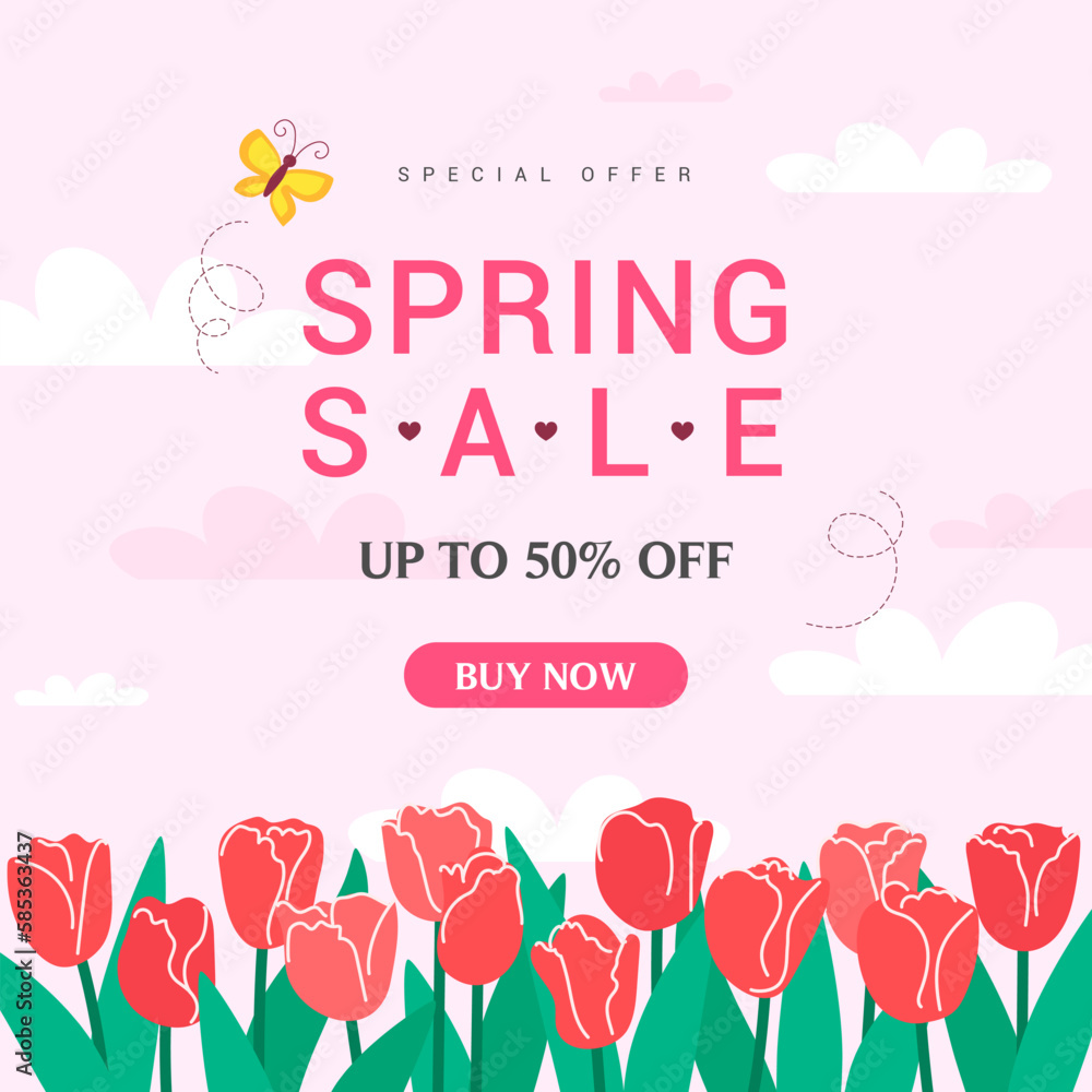 Spring Sale promotion vector illustration. Spring tulip flower field