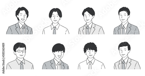 スーツを着た笑顔の男性アバターセット モノクロ線画