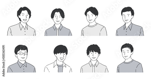 笑顔の若い男性のアバターセット　モノクロ線画