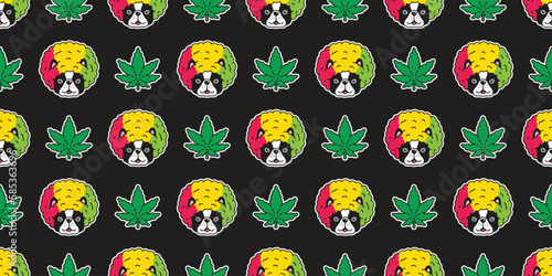dog seamless pattern french bulldog afro hair reggae rasta weed vector marijuana leaf cannabis pet puppy face head vector cartoon gift wrapping paper tile background repeat wallpaper doodle illustrati