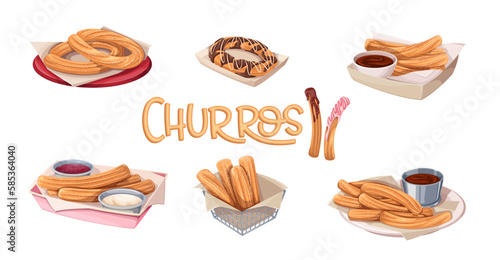 Churros set vector illustration. Cartoon isolated Mexican and Spanish sweet food menu collection with churro sticks from fried dough, snack and dessert in paper box, plate with hot chocolate bowl