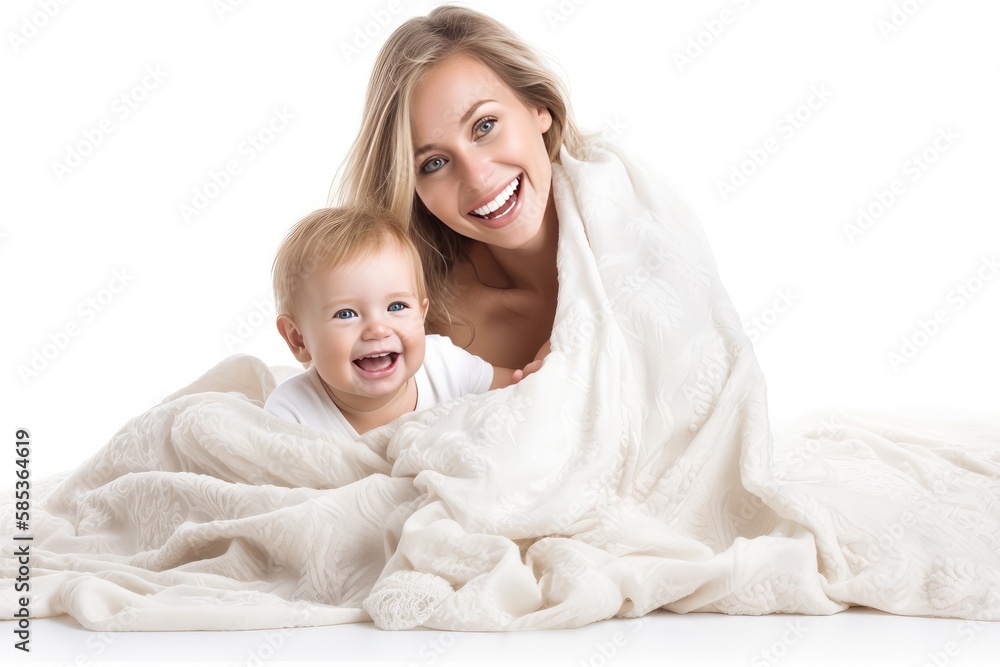 Happy family. Mother and baby playing under blanket