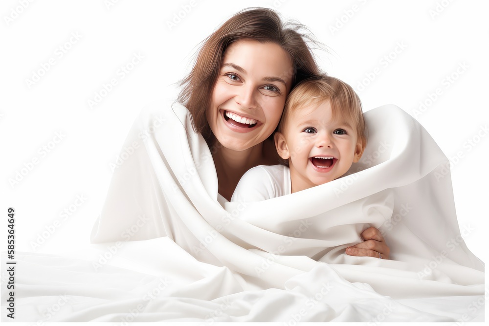 Happy family. Mother and baby playing smiling under blanket 