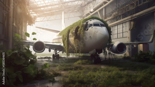 post apocalyptic plane with vines growing over, created with generative ai 