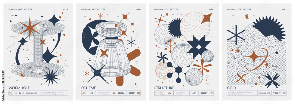 Naklejka premium Brutalist style vector minimalistic Posters with strange wireframes graphic assets of geometrical shapes and silhouette basic figures, Modern color print artwork, set 18