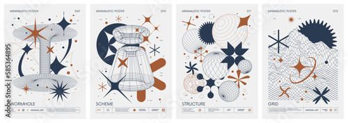 Brutalist style vector minimalistic Posters with strange wireframes graphic assets of geometrical shapes and silhouette basic figures  Modern color print artwork  set 18