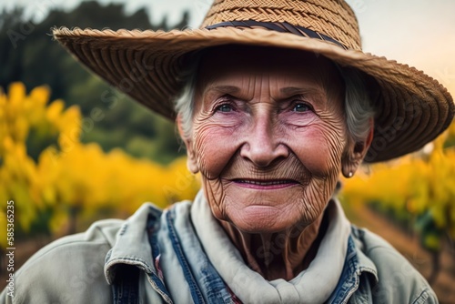 Grape harvester senior woman among vineyards at sunset. Landscape with red wine grapes on old vine. Ideal for advertising. Oh generative.
