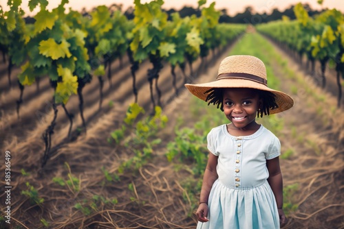 Little grape harvester african american girl among vineyards at sunset. With a straw hat. Landscape with red wine grapes on old vine. Ideal for advertising. Ai generative.