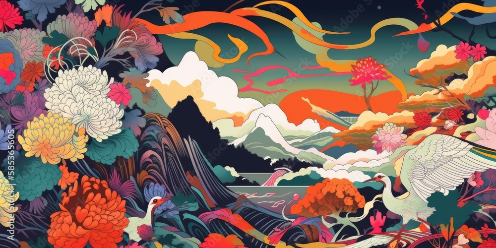 A modern interpretation of a traditional Japanese painting, featuring a