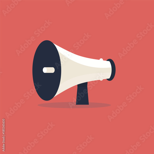 Poster with megaphone. Flat design bullhorn on a red background. Vector illustration