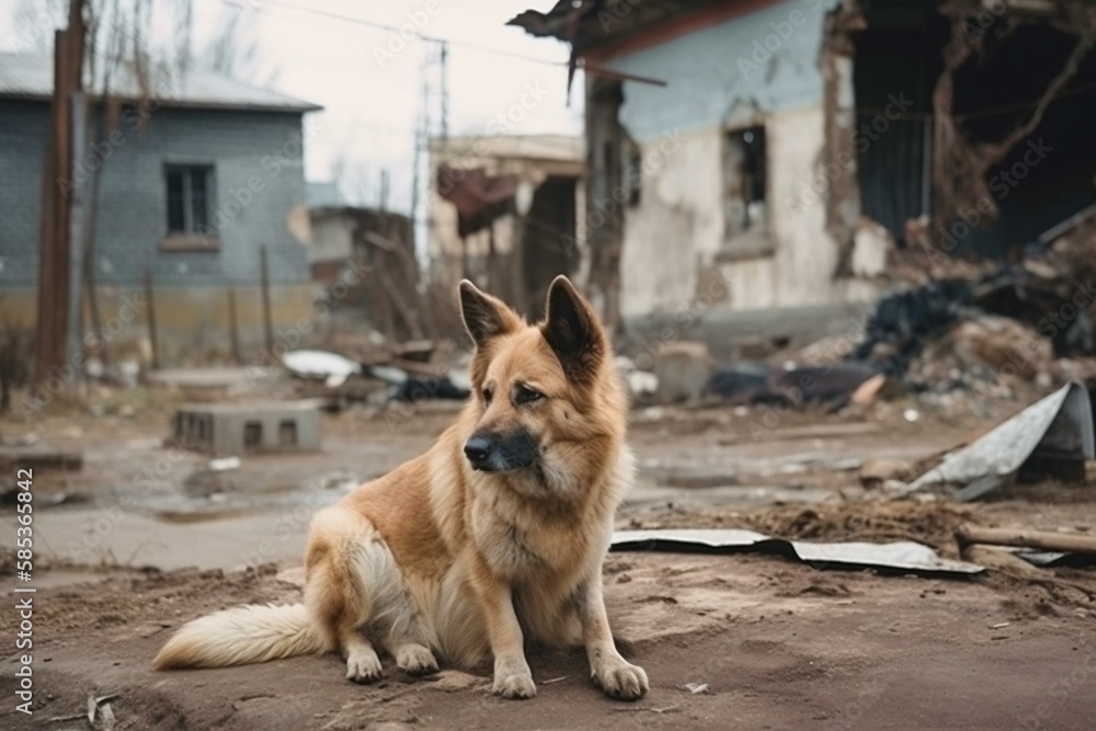 Ilustração do Stock Abandoned animals on the streets of a ruined city
