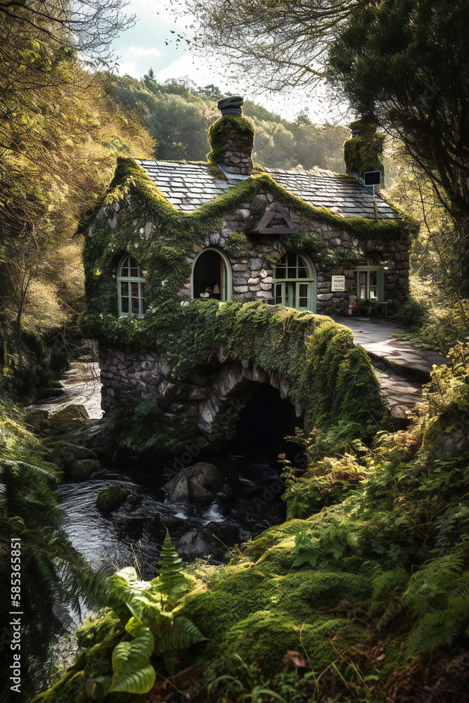 Obraz premium Beautiful traditional old house covered in ivy and moss. Created with Generative AI technology.